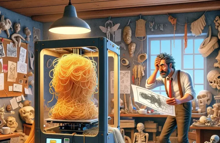 Una imagen cómica sobre una impresión 3d y espaguetis