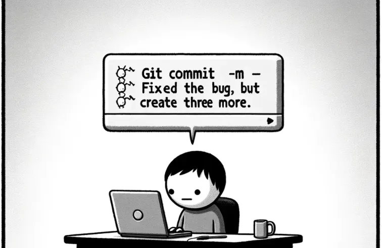 Una viñeta con un hombre delante de un ordenador en cuya viñeta se puede leer "git commit - "fixed the bug, but create three more"